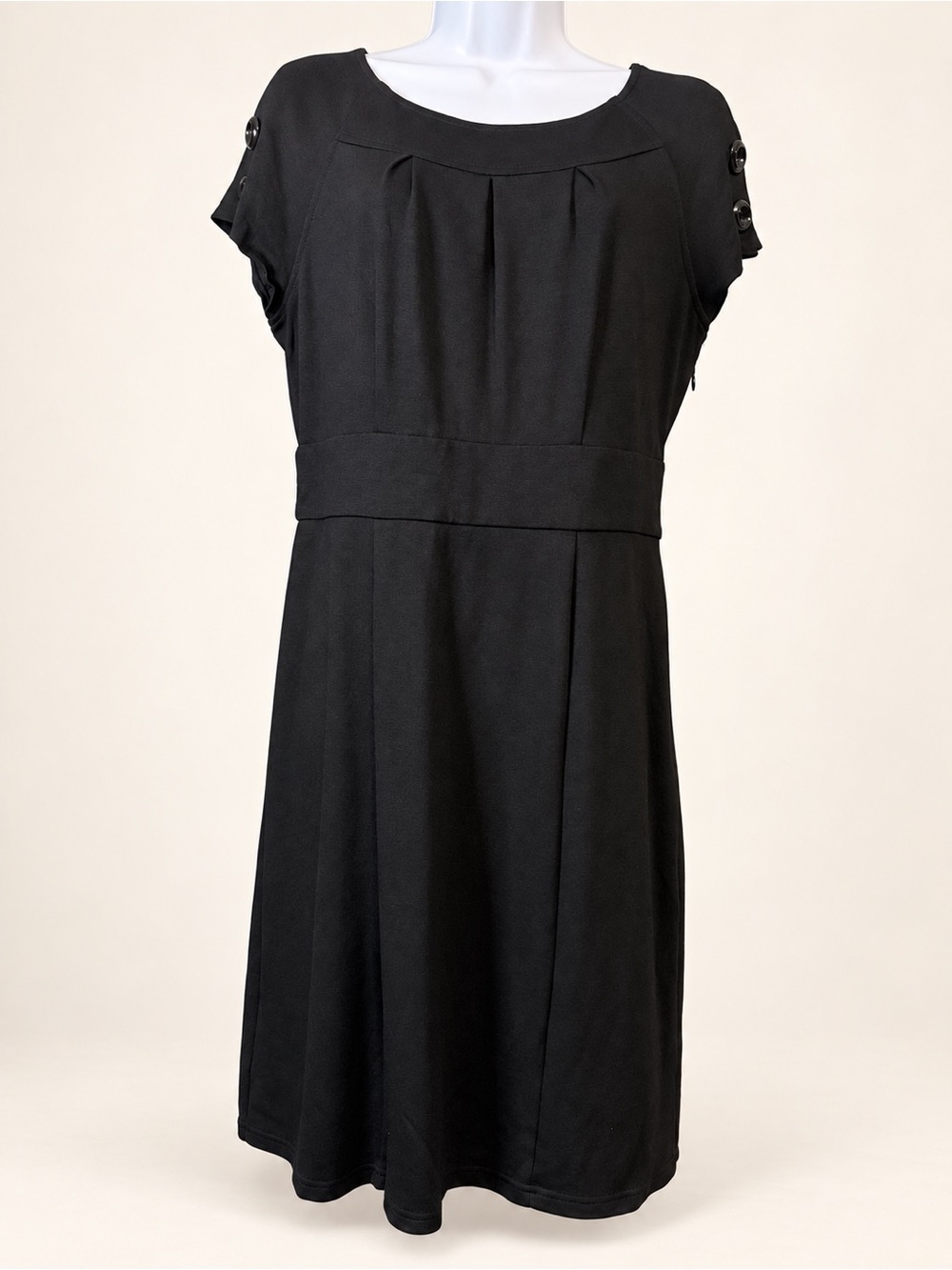 Spense Black Pleated-Front Midi Dress with Button-Trim Sleeves